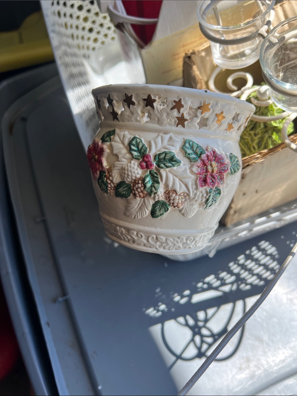 Decorative White Floral Ceramic Vase with Pink & Green Accents